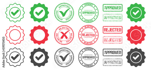Approved and rejected stamp and medal. Green approved and red rejected icon photo