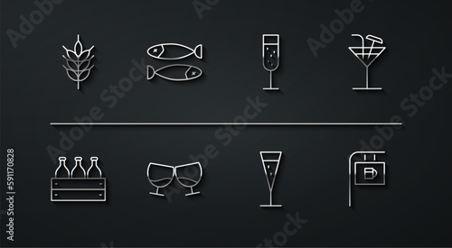 Set line Hop, Bottles of wine in a wooden box, Cocktail, Glass champagne, cognac or brandy, Dried fish, Street signboard with Bar and icon. Vector