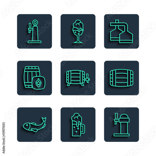Set line Dried fish, Wooden beer mug, Dispenser, Beer brewing process, barrel, tap and icon. Vector