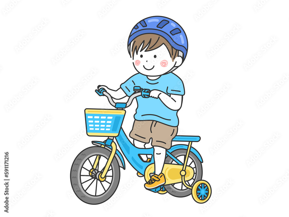 補助輪付きの、水色の自転車に乗った、男の子のイラスト 補助輪付きの、水色の自転車に乗った、男の子のイラスト