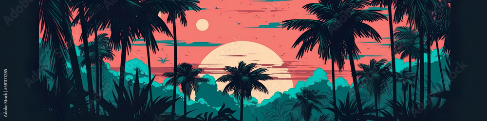 Exotic jungle illustration panoramic banner featuring lush foliage and vibrant wildlife, AI generative