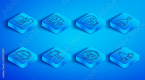 Set line Viking ship Drakkar, book, Skull, Battle hammer, Shield viking, Chicken leg, and Hunting horn icon. Vector