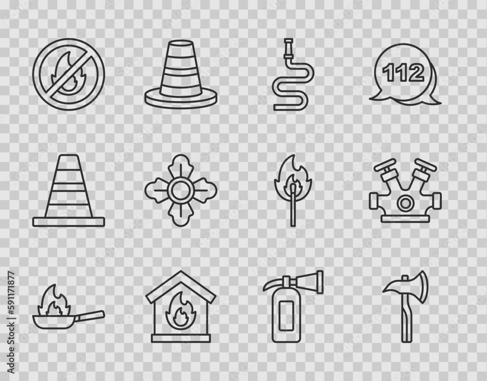 Fototapeta premium Set line Pan with fire, Firefighter axe, hose reel, in burning house, No, extinguisher and hydrant icon. Vector