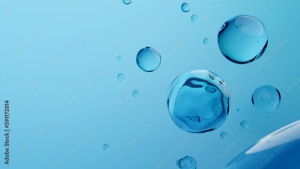 Bubble of water or hydrogen on blue background. Scientific and renewable energy concept. 3D rendering.