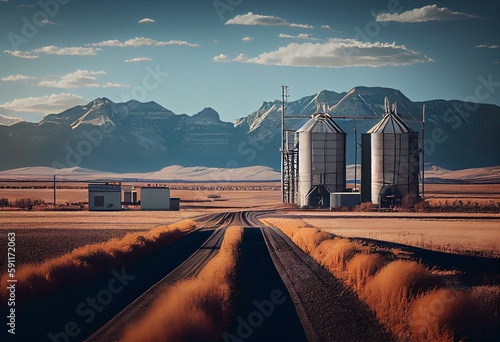 Pair of steel grain silos standing next to a divided highway along harvested fields and distant Rocky Mountains at background near Longview Alberta Canada.. Generative AI