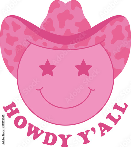 Retro pink emoji with cowgirl hat. Smiley wild west theme sticker groove style with lettering Howdy Y'all