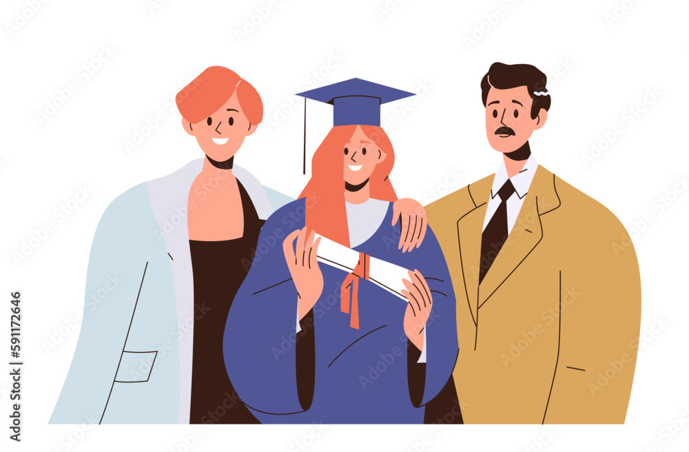 Cheerful parents standing happy and proud of young daughter holding diploma on graduation day Cheerful parents standing happy and proud of young daughter holding diploma on graduation day