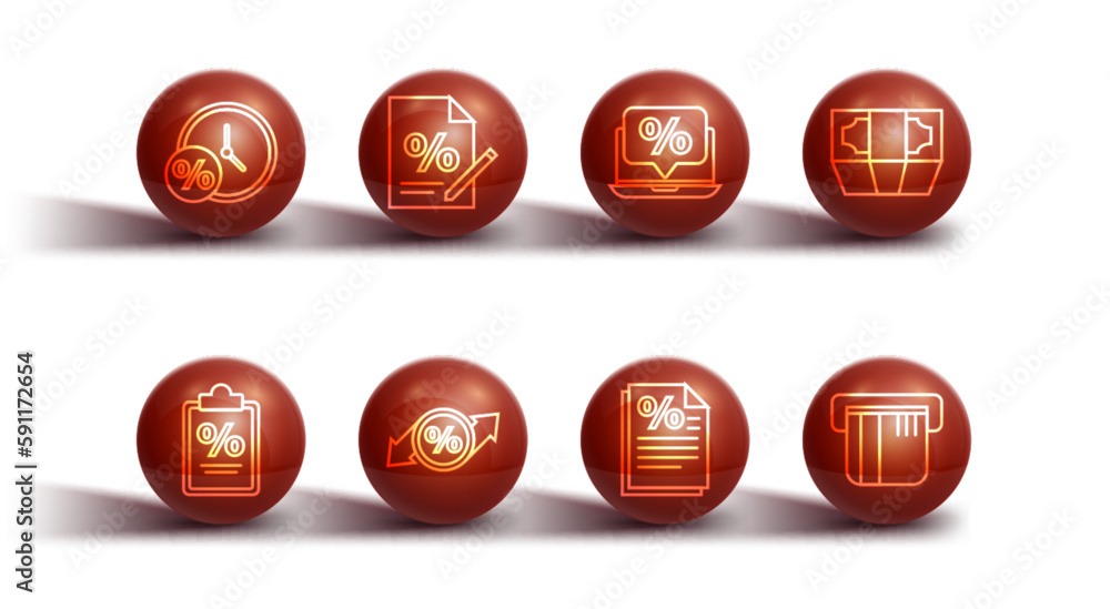 Set line Clock and percent, Finance document, Stacks paper money cash, Discount tag, Credit card and Percent discount laptop icon. Vector Set line Clock and percent, Finance document, Stacks paper money cash, Discount tag, Credit card and Percent discount laptop icon. Vector
