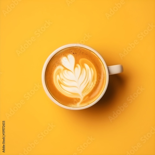 latte art coffee in mug from above isolated on yellow background, made with generative ai