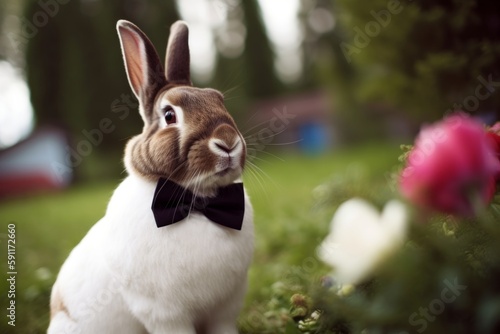 a rabbit in a bow tie at a wedding with flowers came to congratulate the bride and groom. A wedding ceremony and many people around  Generative AI