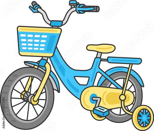 キッズ用の、補助輪付きの、水色の自転車のイラスト