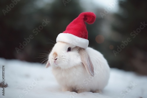 A rabbit in a Santa Claus hat is waiting for the New Year and Christmas, Generative AI
