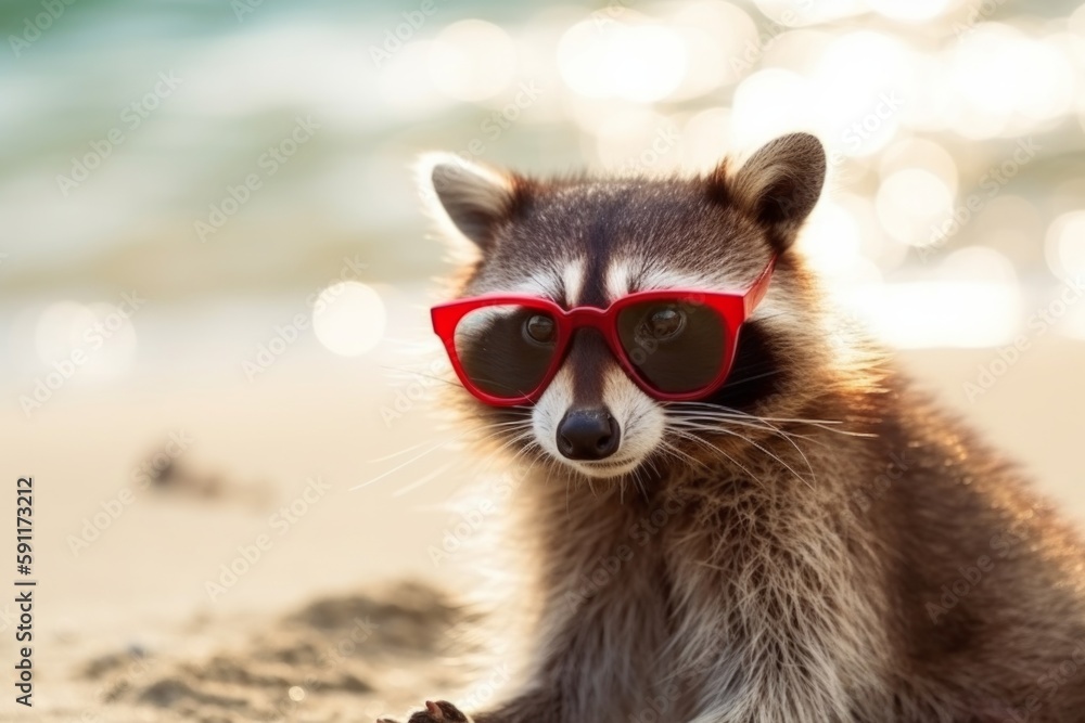 A raccoon with glasses on the beach basks in the summer sun on the beach. Animal on warm sand surrounded by sea water, Generative AI A raccoon with glasses on the beach basks in the summer sun on the beach. Animal on warm sand surrounded by sea water, Generative AI