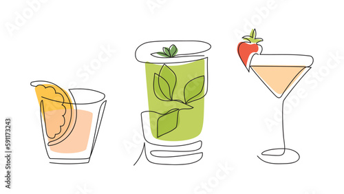 Continuous line drawing of exotic cocktail drinks.Vector illustration