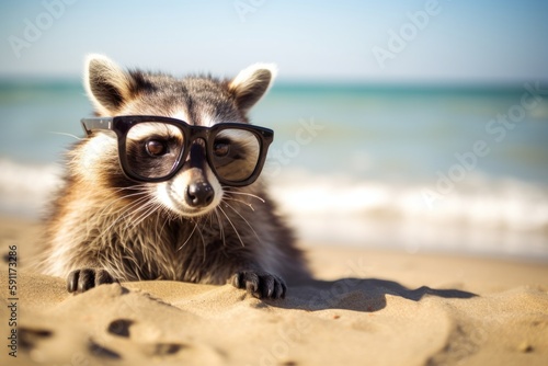 A raccoon with glasses on the beach basks in the summer sun on the beach. Animal on warm sand surrounded by sea water, Generative AI