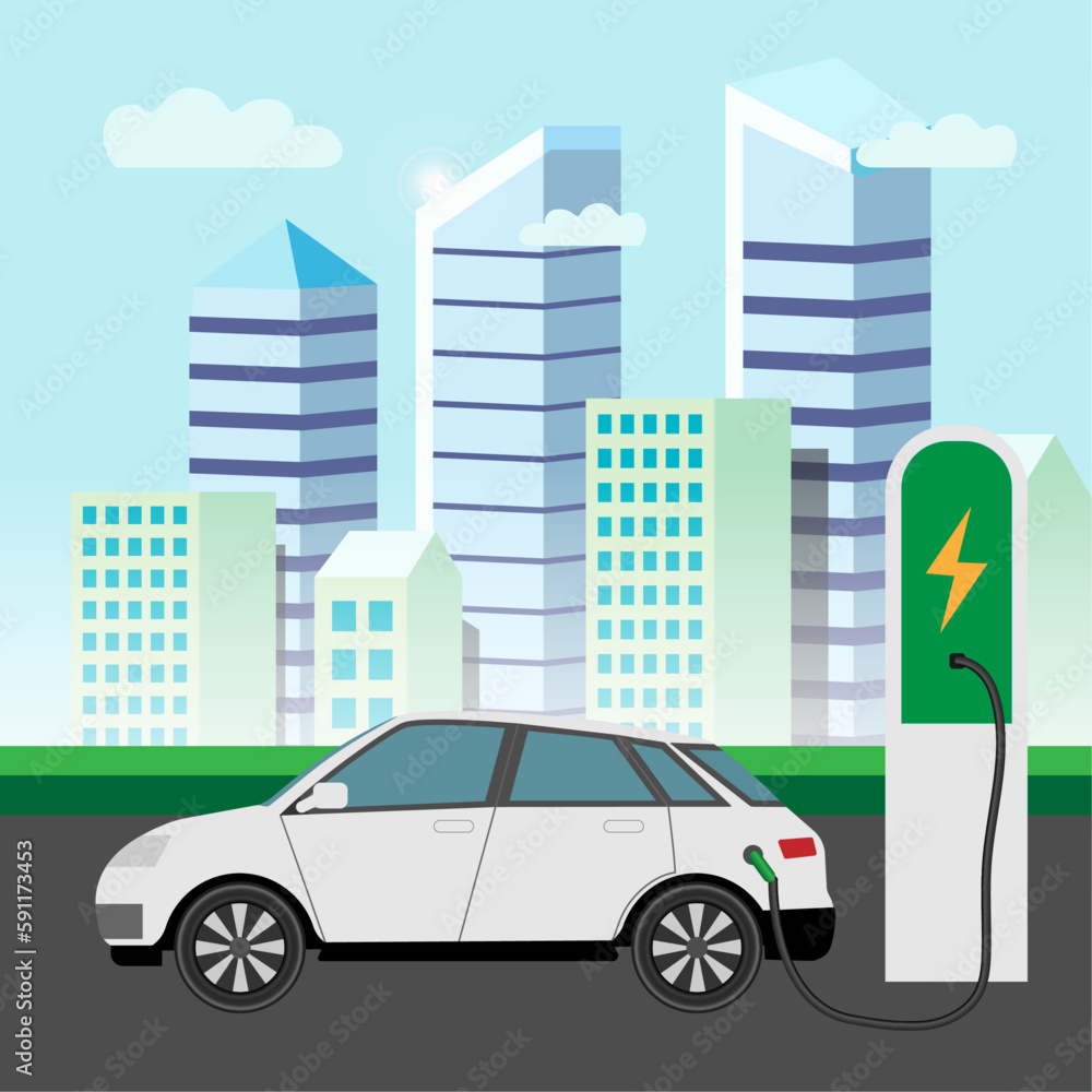 EV Car Or Electric Car At Charging Station. Concept Illustration For Green Environment in city. Landing Page in Flat Style. Vector EPS 10.