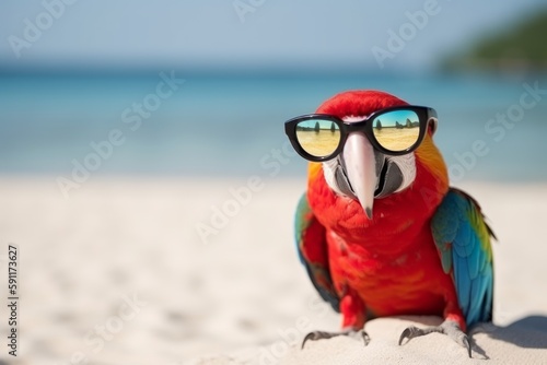 A parrot with glasses on the beach basks in the summer sun on the beach. Animal on warm sand surrounded by sea water, Generative AI