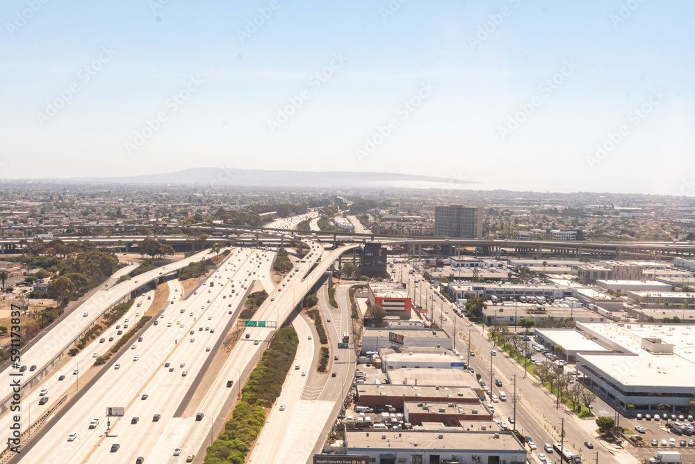 9/6/2022:    An aerial view of the intersection of the 105 and 405 highways by LAX in Los Angeles California