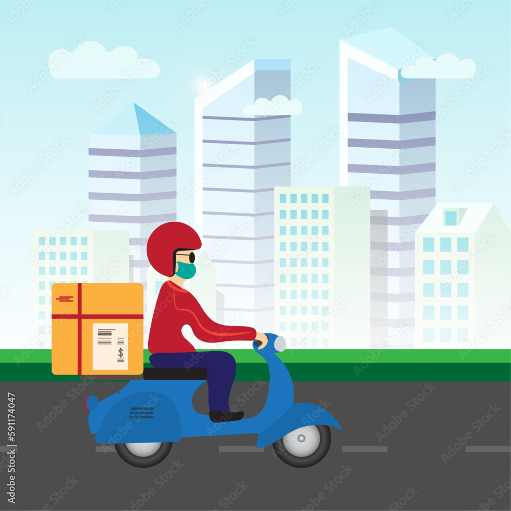 ecommerce concept online shopping online delivery service concept Fast delivery by scooter via mobile Man riding a delivery scooter in the city - vector illustration ecommerce concept online shopping online delivery service concept Fast delivery by scooter via mobile Man riding a delivery scooter in the city - vector illustration