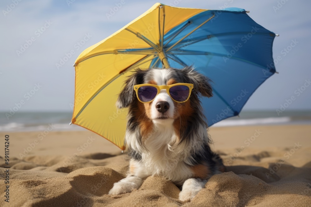 A cat in glasses basks in the summer sun on the beach under an umbrella. Animal on warm sand surrounded by sea water, Generative AI
