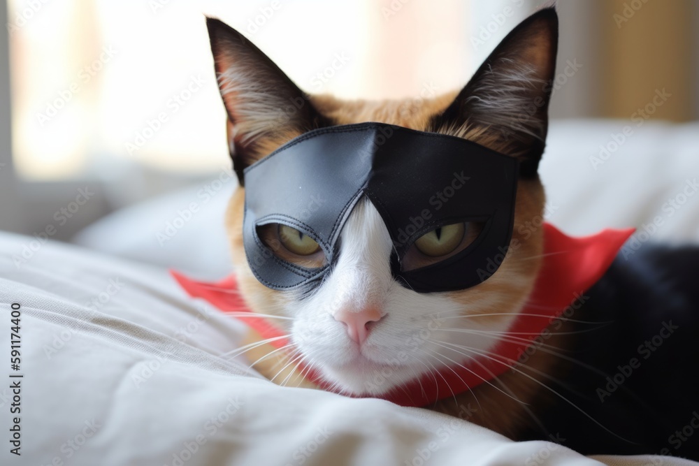 A cat in a hero's mask. The hero is ready to save the innocent from evil, Generative AI A cat in a hero's mask. The hero is ready to save the innocent from evil, Generative AI