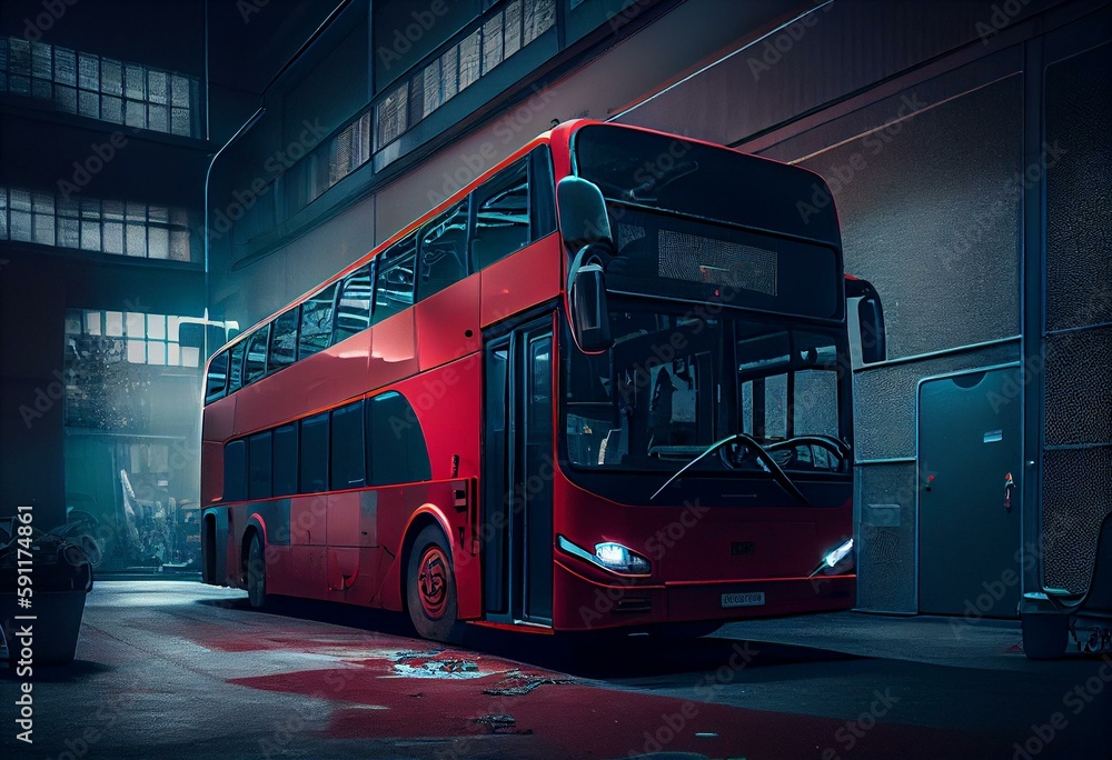 large bus with red coloring at bus depot, created with generative ai