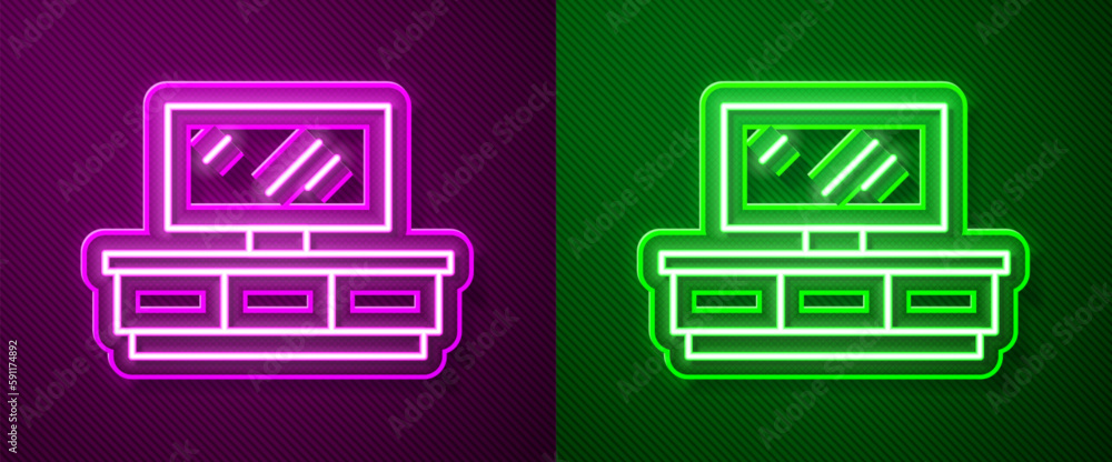 Glowing neon line TV table stand icon isolated on purple and green background. Vector Glowing neon line TV table stand icon isolated on purple and green background. Vector