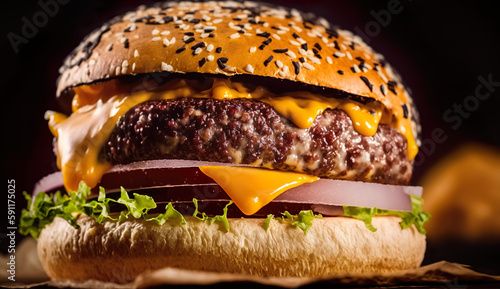 Extreme close-up of a fresh made burger, Chesseburger. Extreme close up of a tasty, delicious, freshly made hamburger on restaurant table. AI Generated. photo