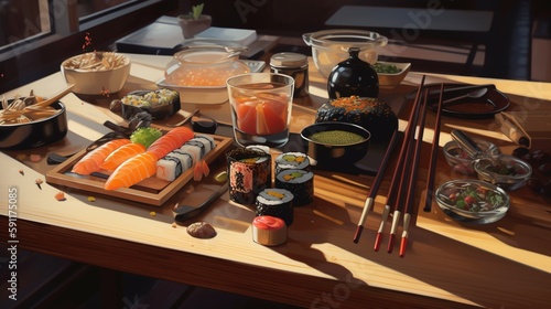 table full of sushi and chopsticks AI Generated