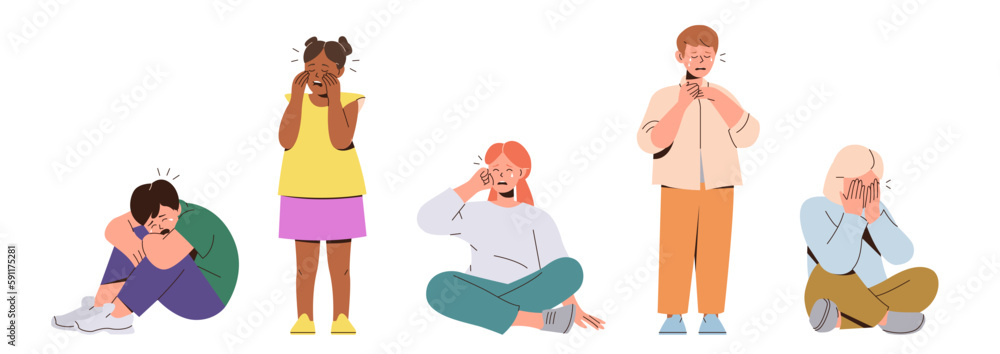 Set of sad and upset crying diverse children character feeling unhappy ...