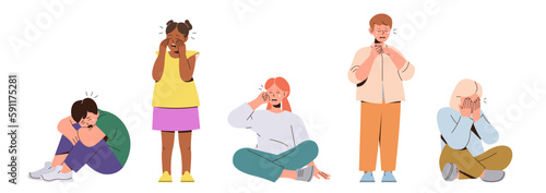 Set of sad and upset crying diverse children character feeling unhappy, stress and bad emotions