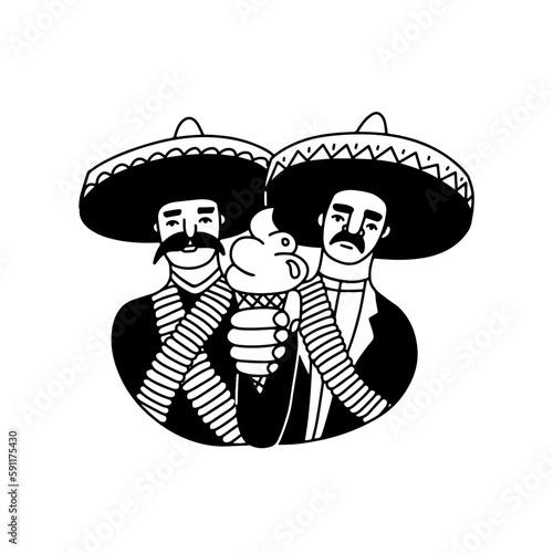 Humorous Cute Mexican Desperados holding ice cream instead of gun. Isolated doodle vector Illustration in black over white. Hipster sticker.