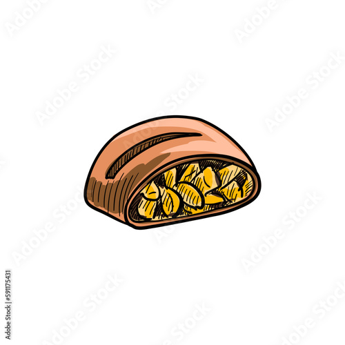 vector drawing sketch of piece of apple strudel , hand drawn illustration at white background
