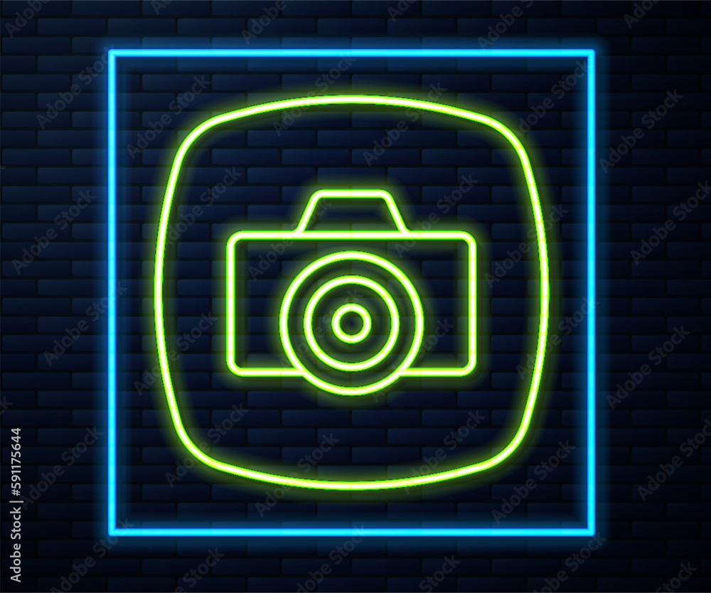 Glowing neon line Photo camera icon isolated on brick wall background. Foto camera. Digital photography. Vector Glowing neon line Photo camera icon isolated on brick wall background. Foto camera. Digital photography. Vector