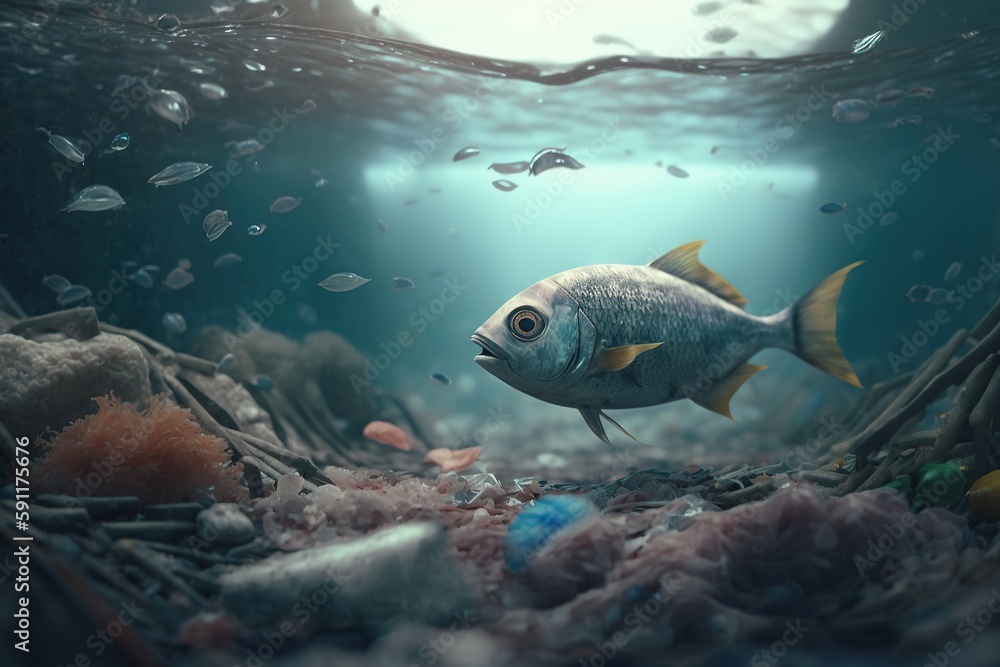 Naklejka premium A lonely fish in an empty ocean swims among the garbage. Pollution of the oceans. Save the planet. Reasonable consumption. Generative AI