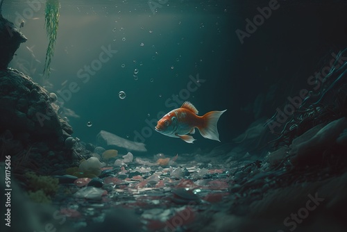 A lonely fish in an empty ocean swims among the garbage. Pollution of the oceans. Save the planet. Reasonable consumption. Generative AI