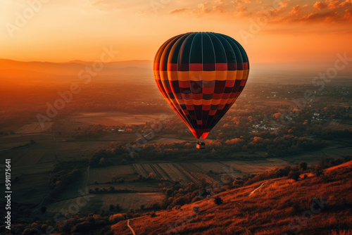An awe-inspiring view of balloons in the sky, as if in a hot air balloon ride, against the backdrop of a beautiful sunset. The camera captures the vibrant colors of the sky. Generative ai.