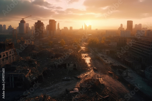 Realistic, destroyed cityscape at sunrise. Generative ai. © Sebastian