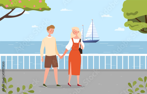 Walking on waterfront. Boy and girl hold hands against backdrop of yacht and ship. Couple on romantic date outdoor. Young people walking near river or ocean. Cartoon flat vector illustration