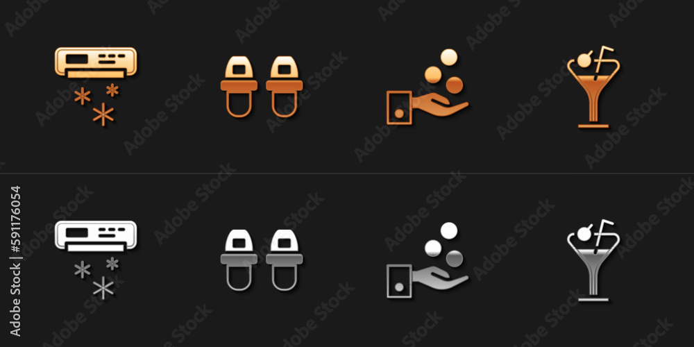 Set Air conditioner, Hotel slippers, Paying tips and Martini glass icon. Vector Set Air conditioner, Hotel slippers, Paying tips and Martini glass icon. Vector