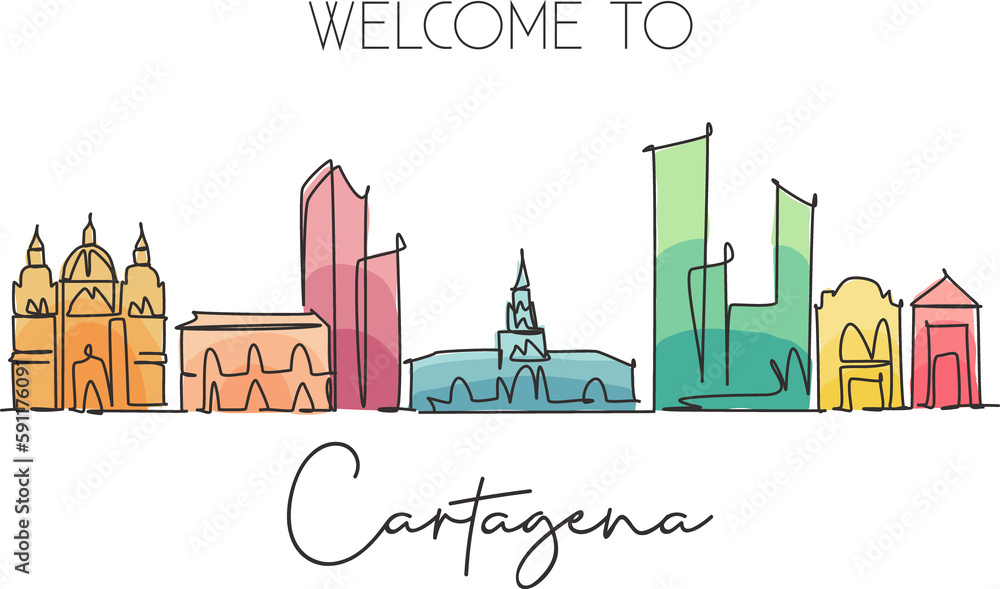 Naklejka premium Single continuous line drawing of Cartagena skyline, Colombia. Famous city scraper landscape postcard. World travel destination concept. Editable stroke modern one line draw design vector illustration