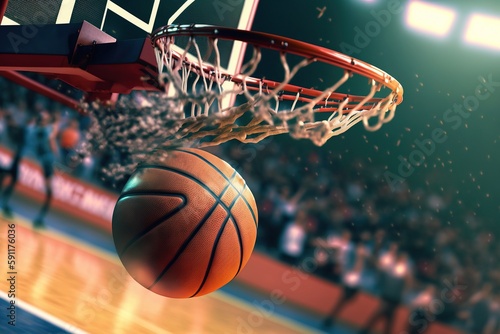 Basketball ball flies into the basket, hoop at the basketball game. Sports concept. Generative AI