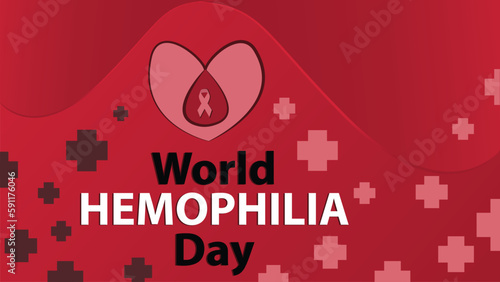 World Hemophilia Day vector horizontal banner design with red color theme, heart shape, blood droplet icon, ribbon icon, typography and medical cross icon pattern. World Hemophilia Day wide poster.