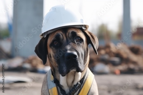 Engineer dog in a work helmet on a construction site. Construction of a large house from cement and building materials, Generative AI