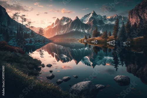 Mountain landscape. Beautiful wide mountain range with reflection in the lake at dawn with clouds. Generative AI © marikova