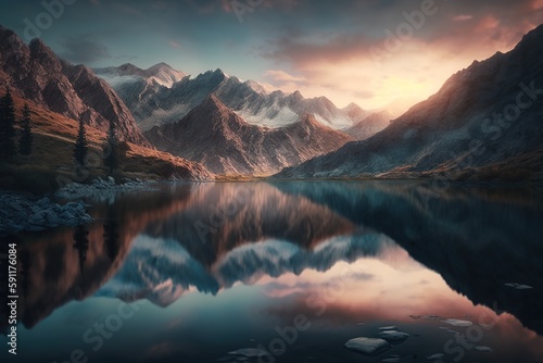 Beautiful wide mountain range with reflection in the lake at dawn with sky clouds. Mountain landscape. Generative AI