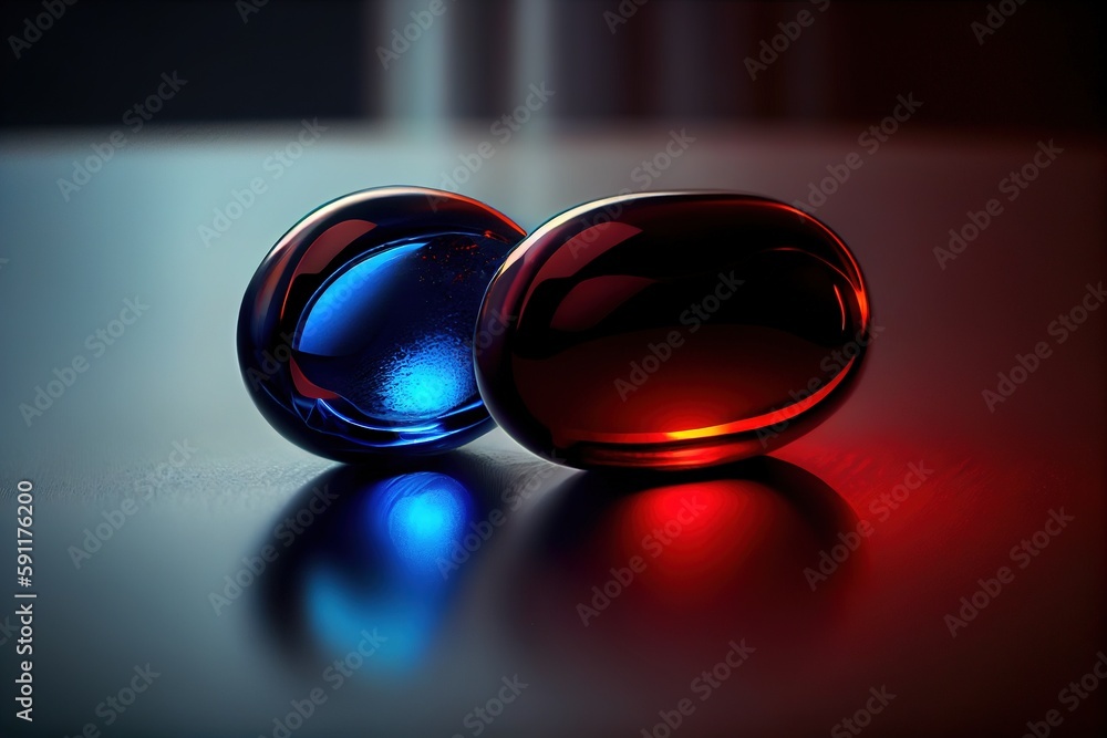 Red and blue pill. Symbols of choice between reality (red) and illusion (blue). Science fiction culture. Generative AI Red and blue pill. Symbols of choice between reality (red) and illusion (blue). Science fiction culture. Generative AI