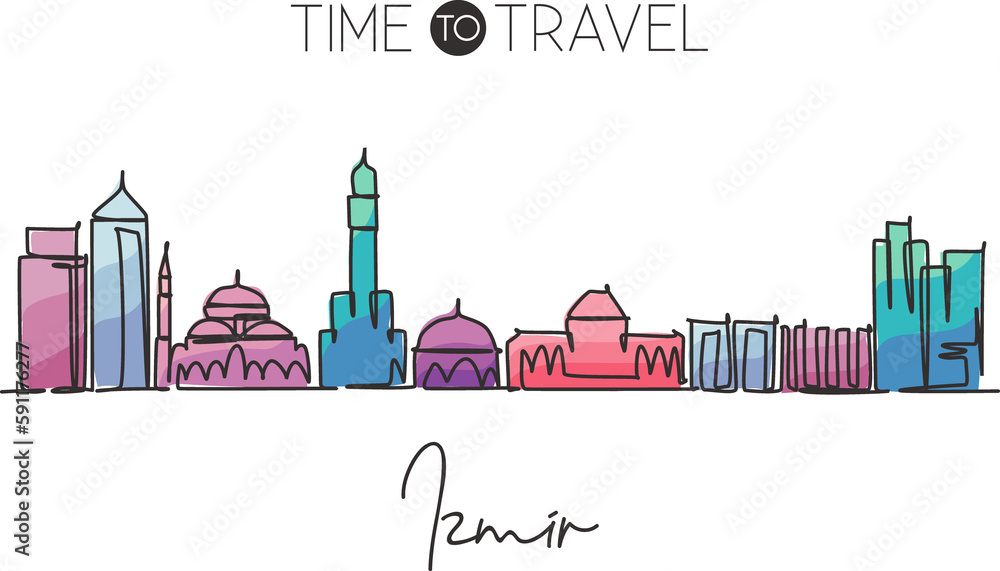 One continuous line drawing of Izmir city skyline, Turkey. Beautiful landmark postcard. World landscape tourism and travel vacation. Editable stylish stroke single line draw design vector illustration