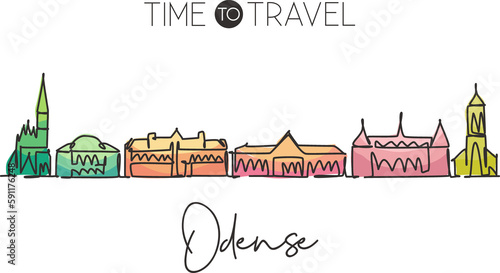 One continuous line drawing Odense city skyline  Denmark. Beautiful landmark home decor wall poster print. World landscape tourism travel vacation. Stylish single line draw design vector illustration