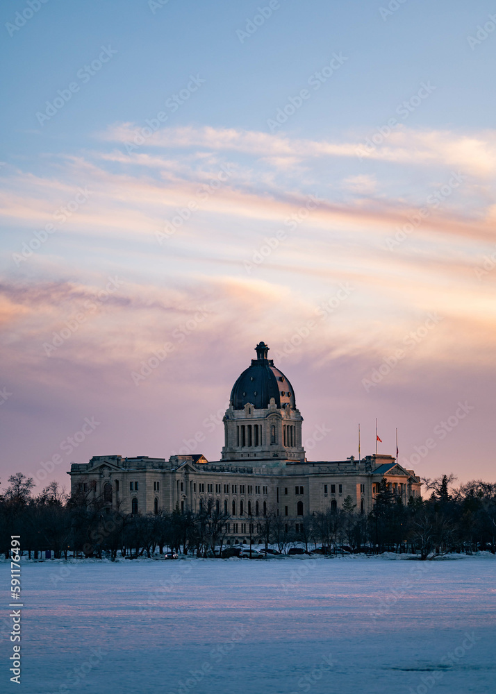 Regina Saskatchewan in Spring with Melting Snow at Sunset 